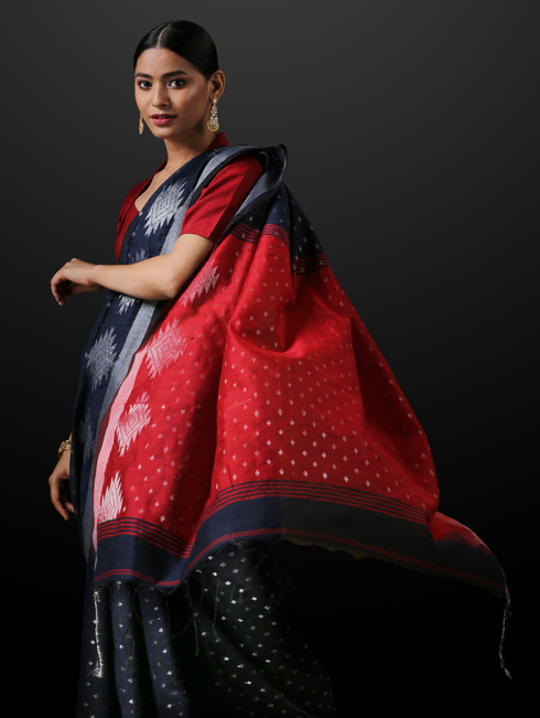 Blue & Red Handloom Saree with Blouse Fabric