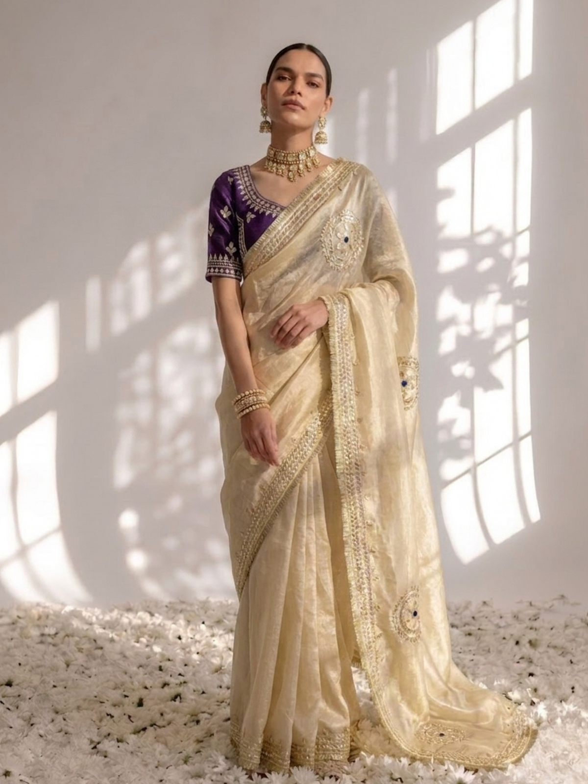 Gold Tissue with Purple Blouse Gota Patti Saree with Blouse Fabric