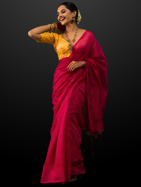 Rani Sequin Cotton Saree With Self Blouse Fabric