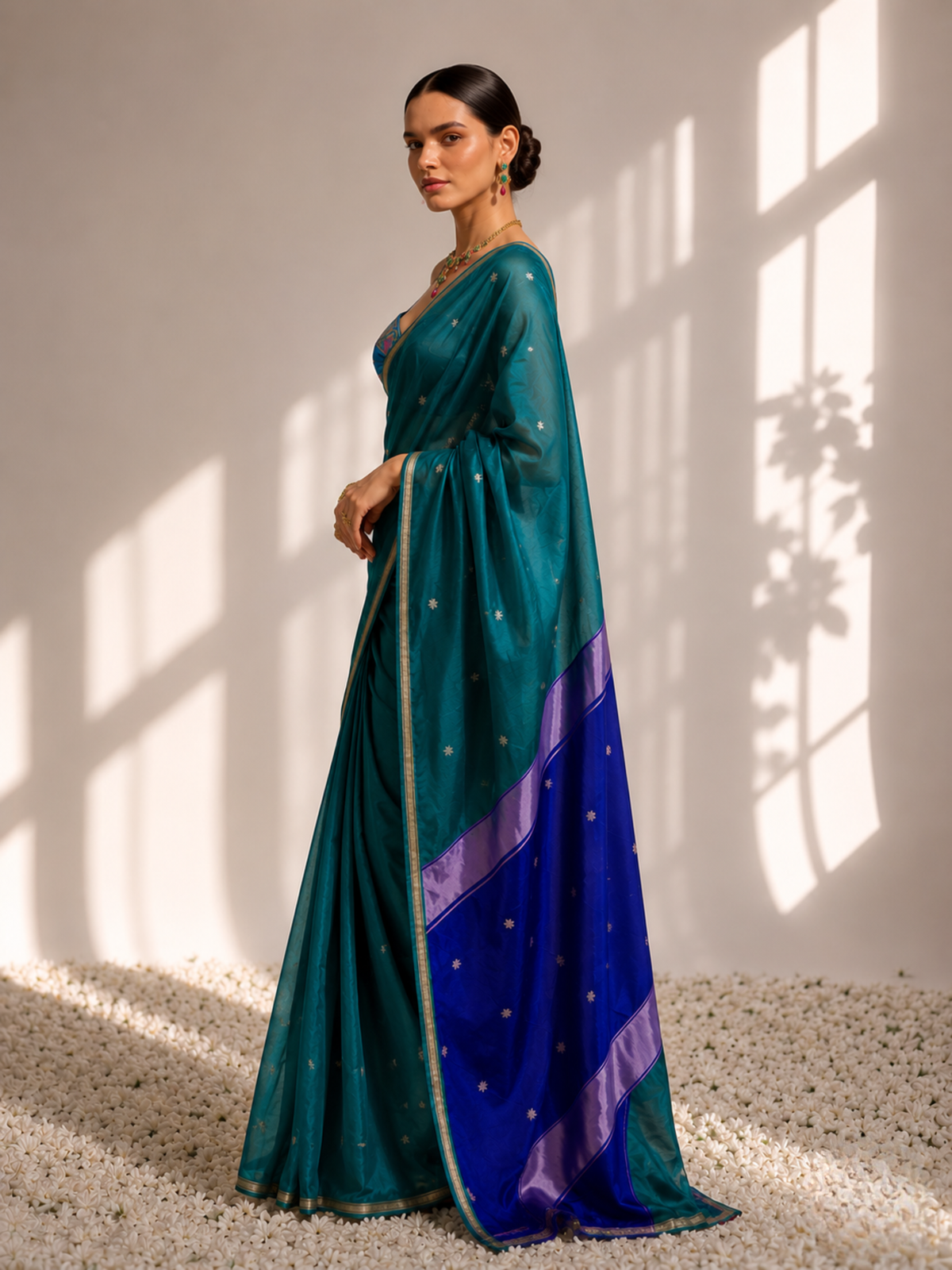 Peacock and Blue Maheshwari Silk Cotton Saree with Self Blouse Fabric