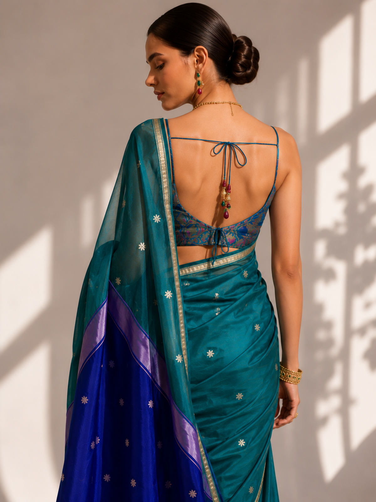 Peacock and Blue Maheshwari Silk Cotton Saree with Self Blouse Fabric
