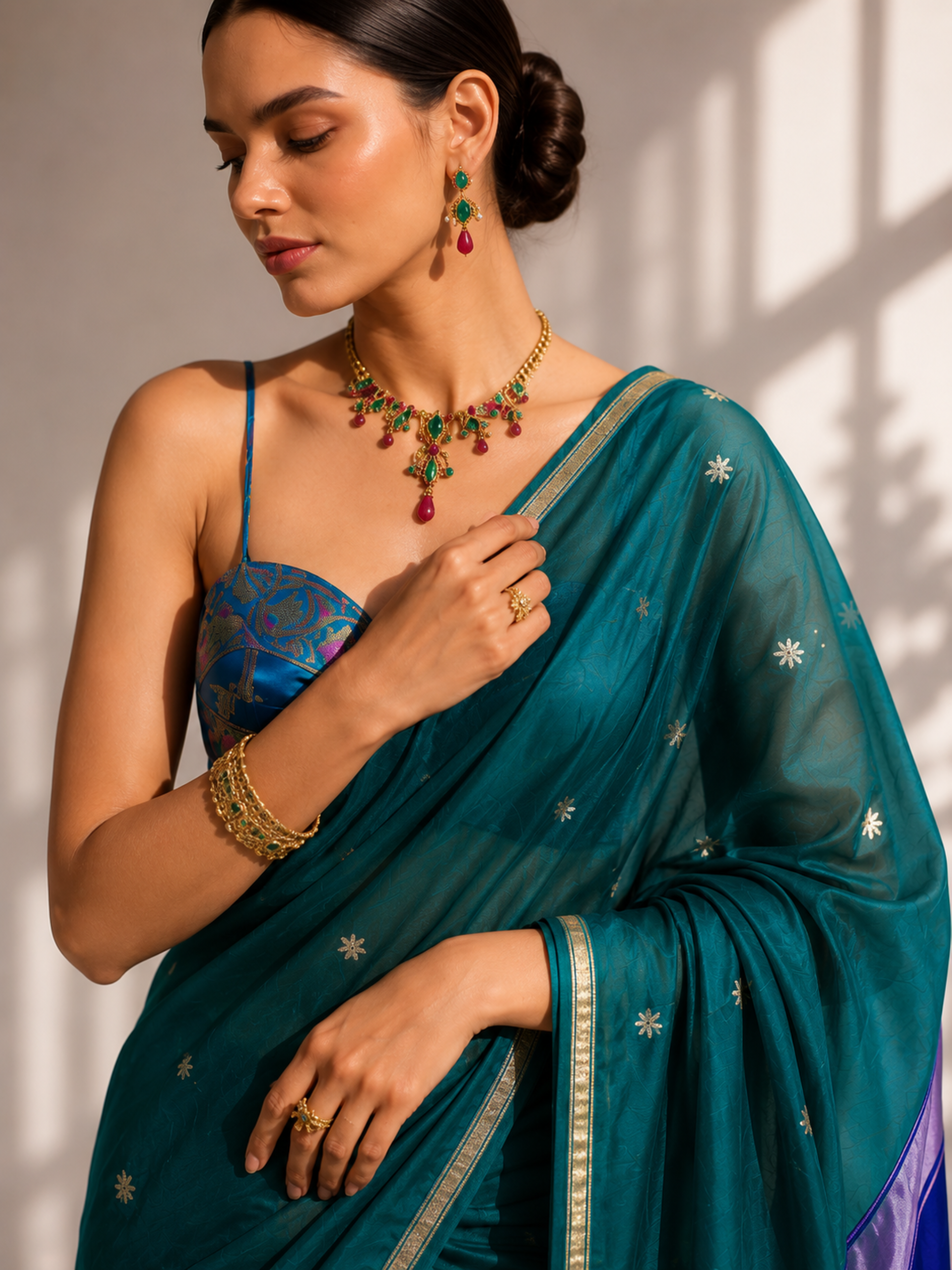 Peacock and Blue Maheshwari Silk Cotton Saree with Self Blouse Fabric