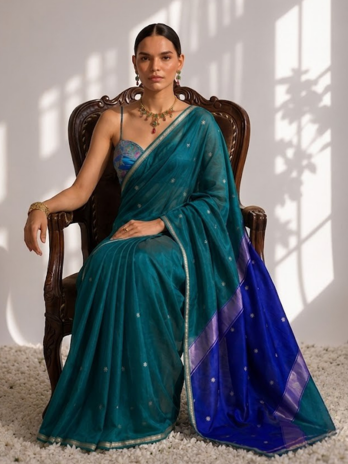 Peacock and Blue Maheshwari Silk Cotton Saree with Self Blouse Fabric