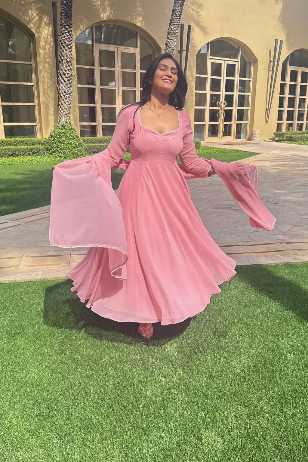 3 pc Suit Set -Light Pink Pearl Edge Georgette 3/4th Sleeve Anarkali with Dupatta and Pants