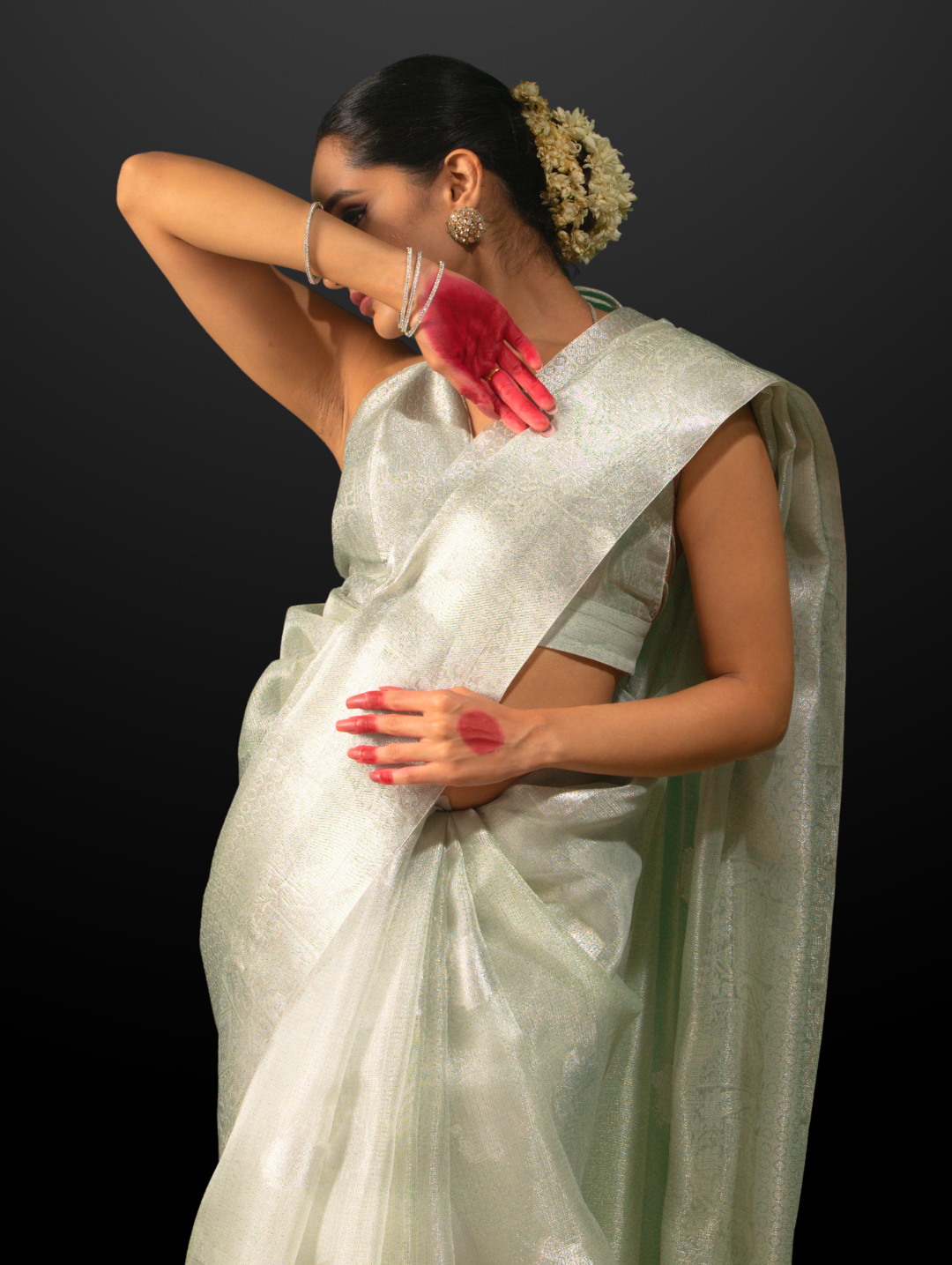 Sage Green & Silver Silk Zari Saree with Blouse Fabric