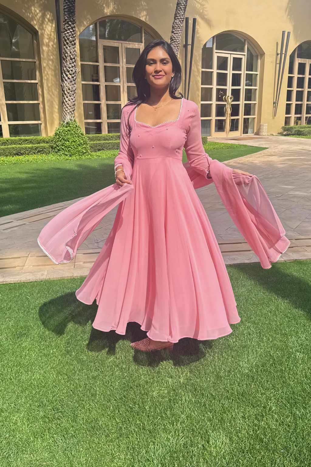 3 pc Suit Set -Light Pink Pearl Edge Georgette 3/4th Sleeve Anarkali with Dupatta and Pants