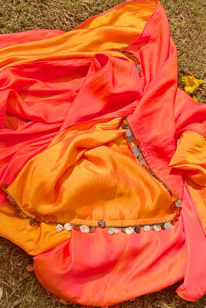 3 pc Suit Set - Fuchsia Dual Satin Sleeveless Anarkali Suit with Pink Orange Dupatta and Pants