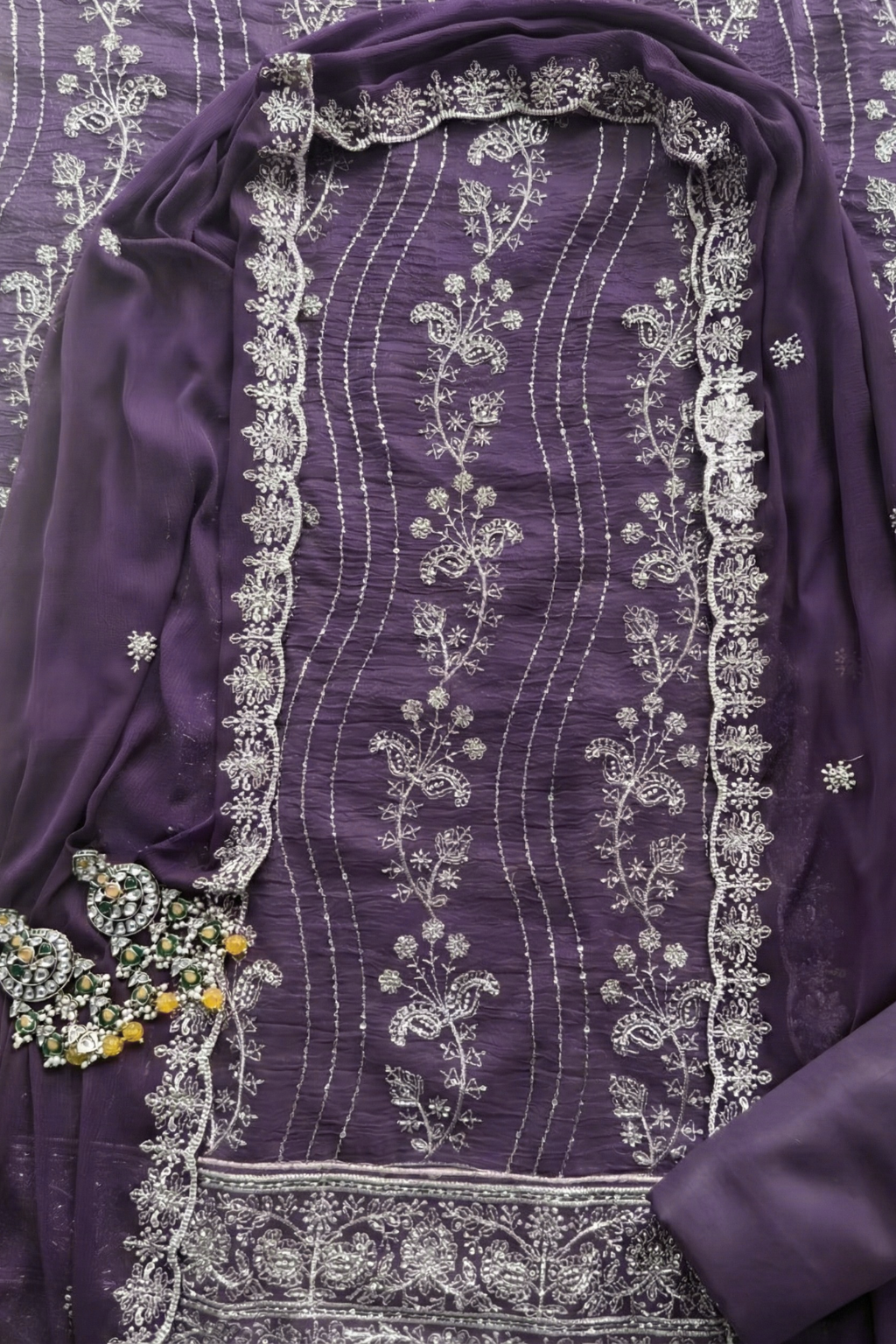 3 Pc Unstitched Suit - Chiffon Purple hand Embroidered Beaded Kurta with Lining ,Dupatta and Bottom