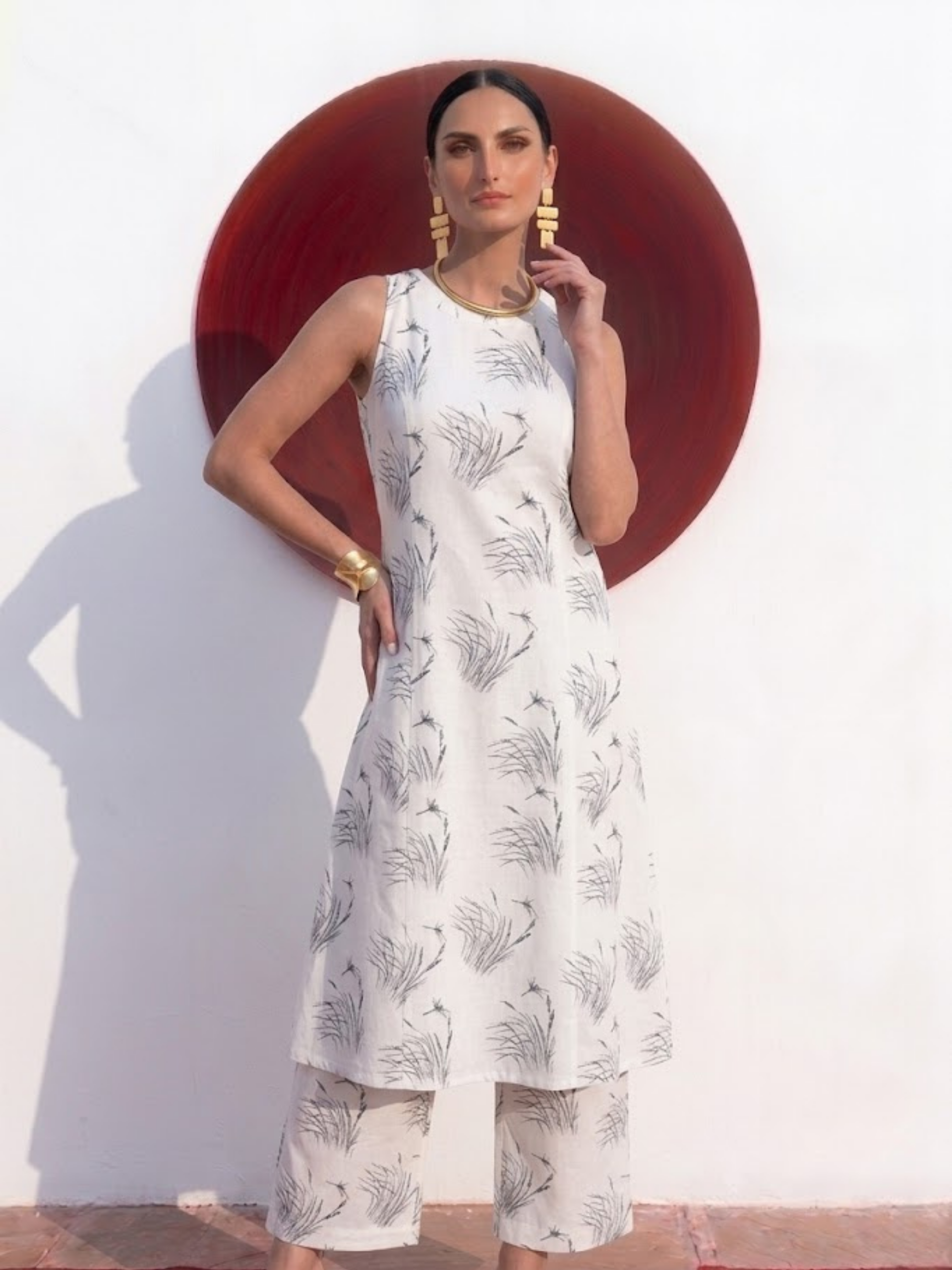 2 pc SET - Husk Cream and Grey Printed Linen Sleeveless Kurta and Pant