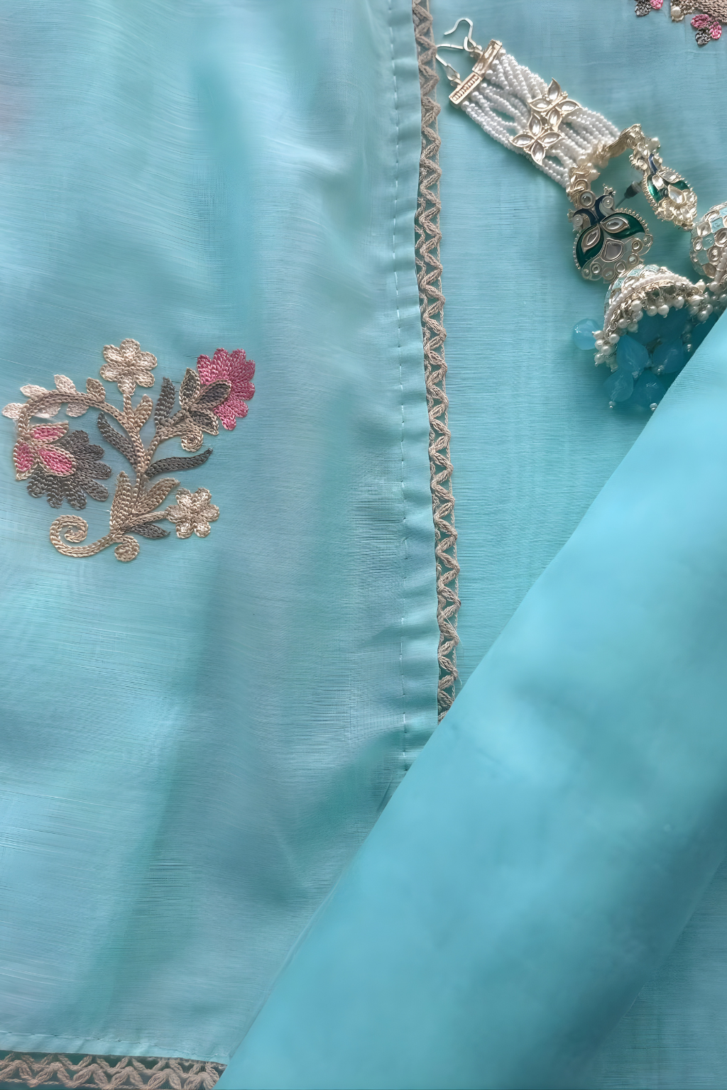 3 Pc Unstitched Suit - Mul Light Blue Kashmiri Embroidery Kurta with Beads , Embroidered Dupatta and Bottom