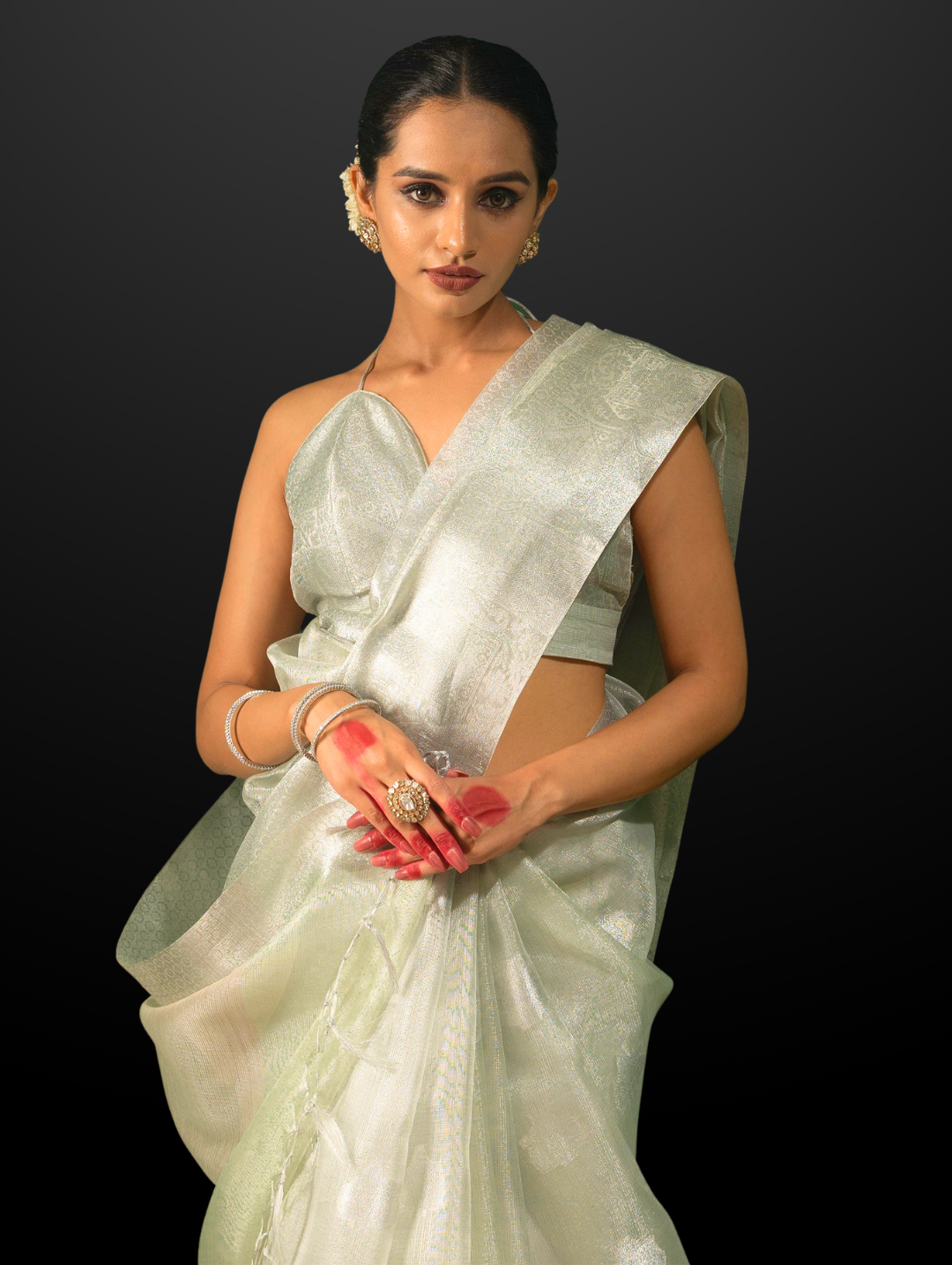Sage Green & Silver Silk Zari Saree with Blouse Fabric