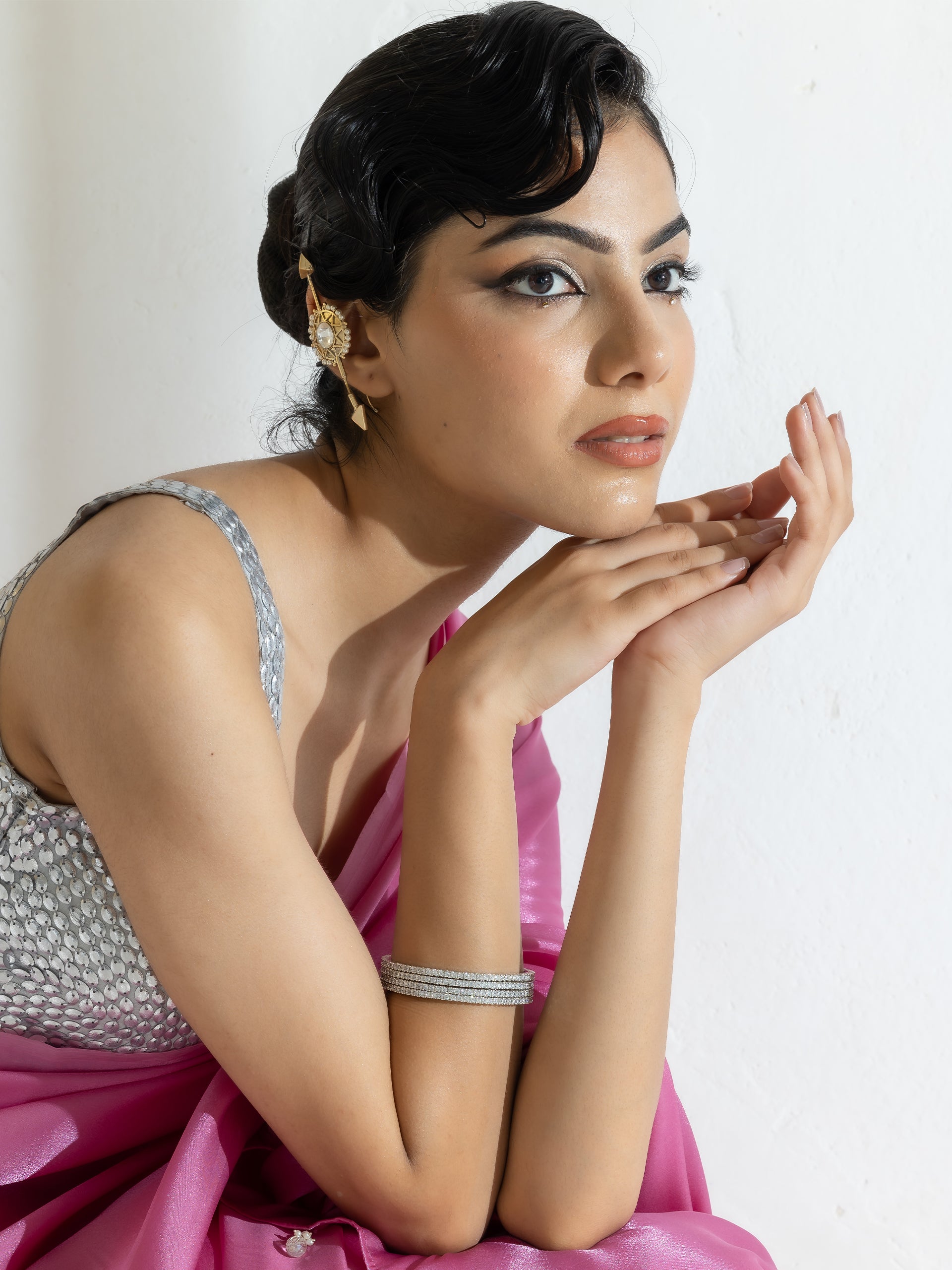 Onion Pink Silky Organza Saree with Beads and Self Blouse Fabric