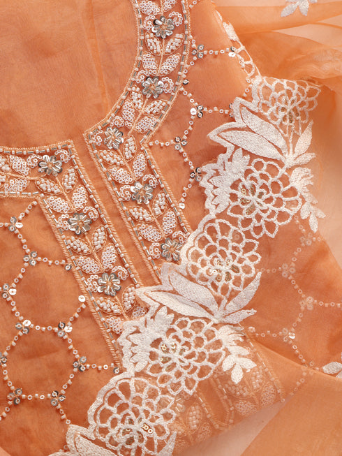 3 Pc Unstitched Suit SET - Peach Beaded and Embroidered Organza Kurta and Border Dupatta with Cotton Pyjama