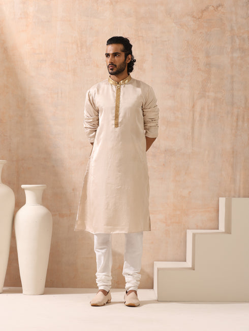 Mens Cream Kurta with Gold Sequin Placket and Collar