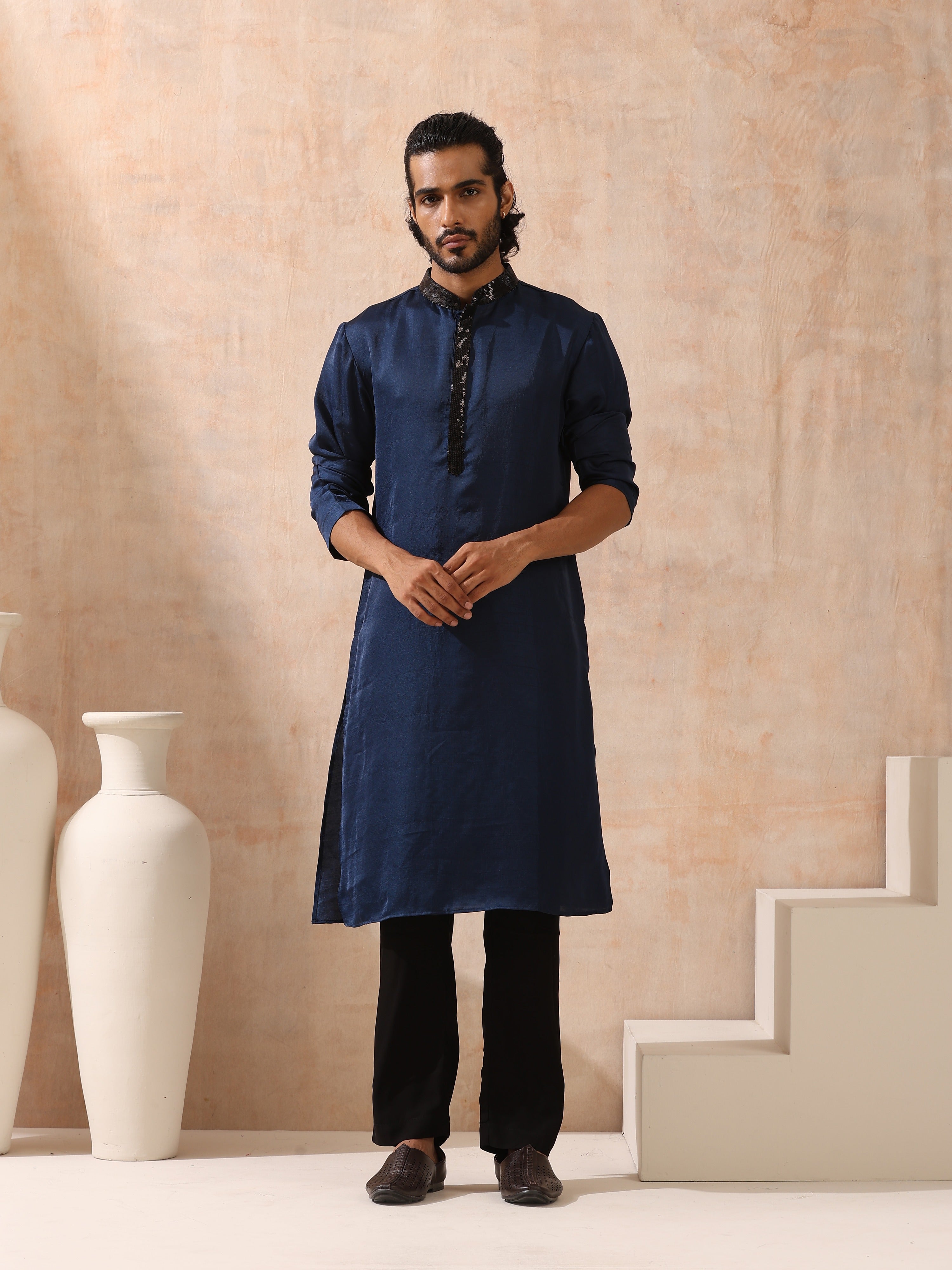 Mens Blue Kurta with Black Sequin Placket and Collar