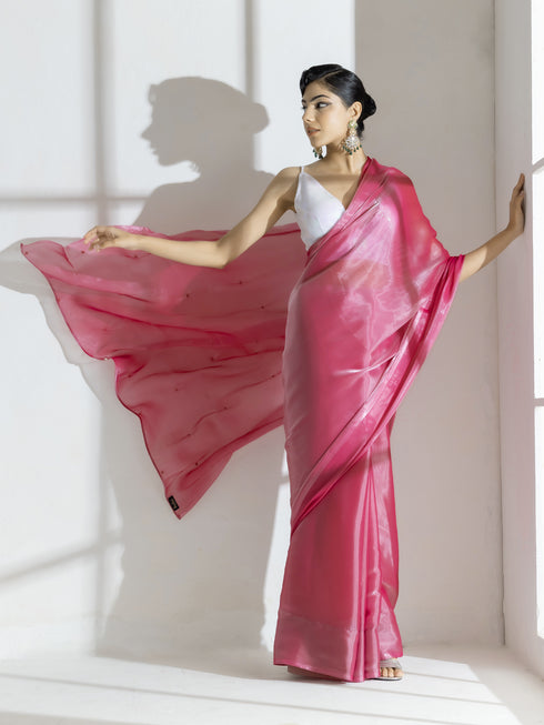 Pink Lotus Satin Organza Saree with Diamond Beads on Pallu