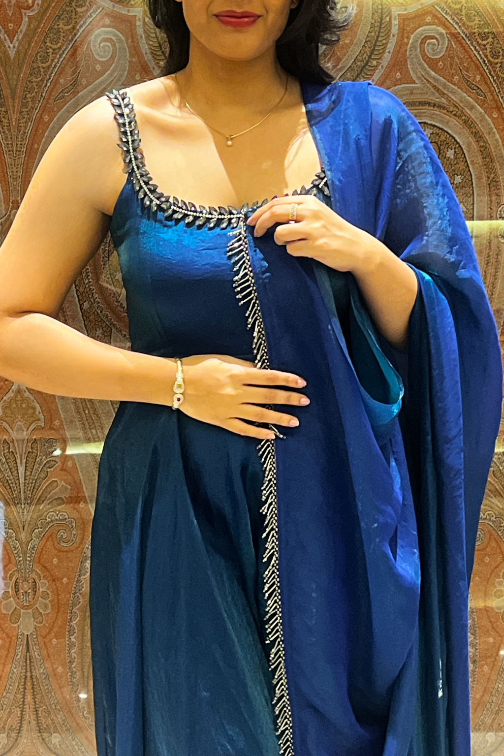 3 Pc Set - Peacock Satin Sleeveless Anarkali Suit with Black Glass Beads Neckline with Pants and Dupatta