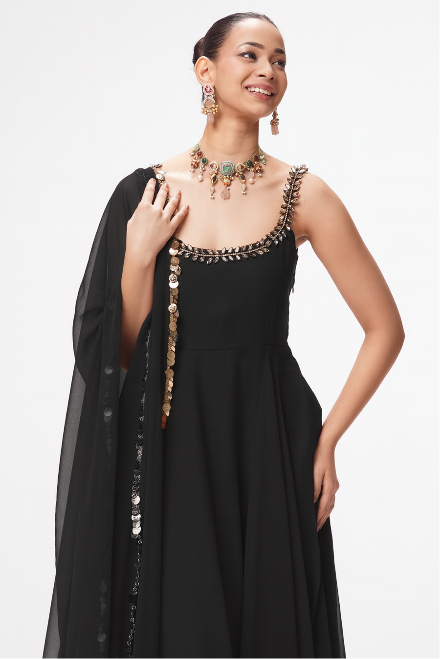 3 pc Suit Set - Black Georgette Glass Beads Front and Back Neck Sleeveless Anarkali Suit with Pants and Dupatta
