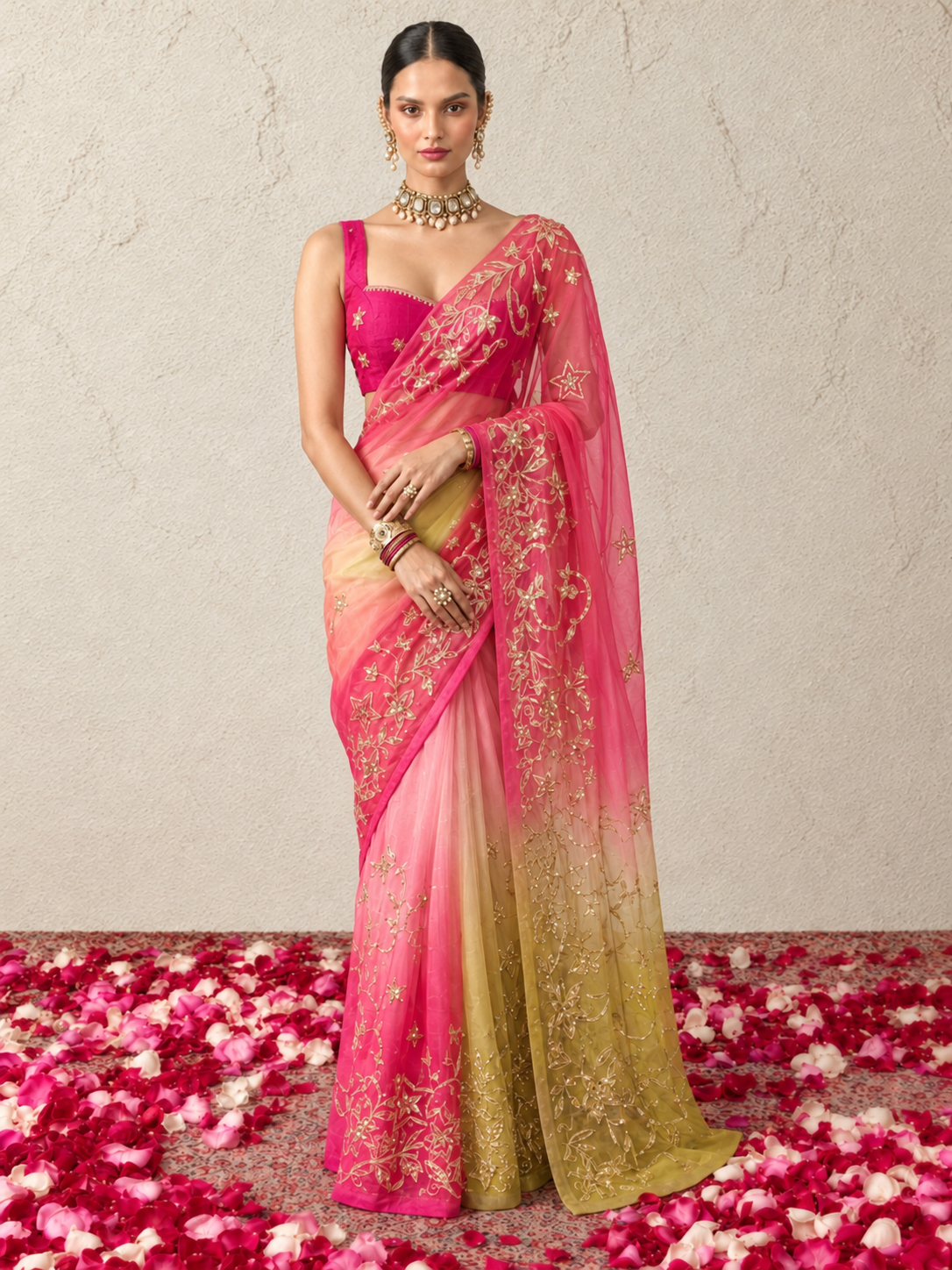 Pink and Yellow Ombre Gota Patti Kairi Border Pure Silk Chiffon Saree with Crepe Blouse Fabric