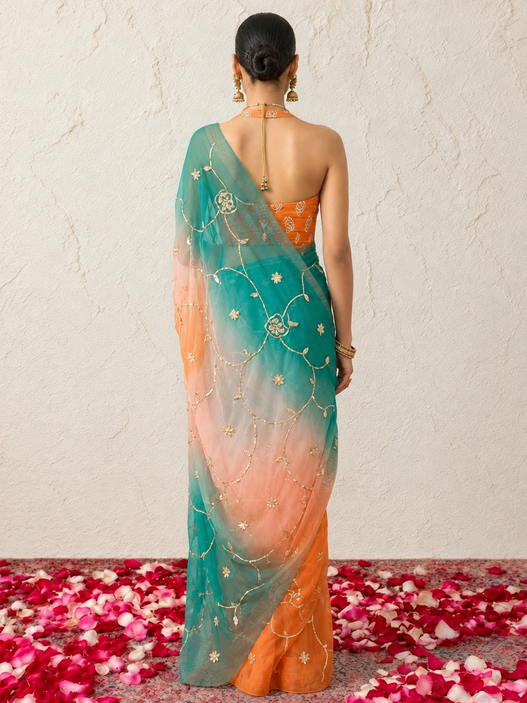 Rust and Blue Ombre Pure Silk Chiffon Gota Patti Jaal Saree with Crepe Blouse Fabric