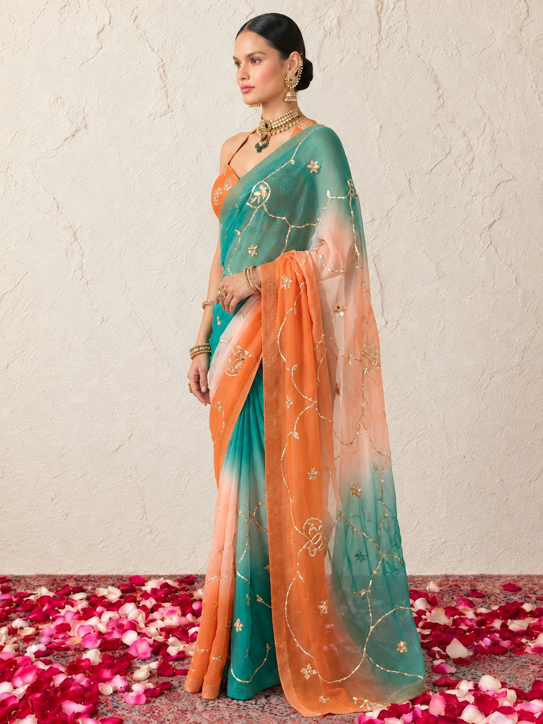 Rust and Blue Ombre Pure Silk Chiffon Gota Patti Jaal Saree with Crepe Blouse Fabric
