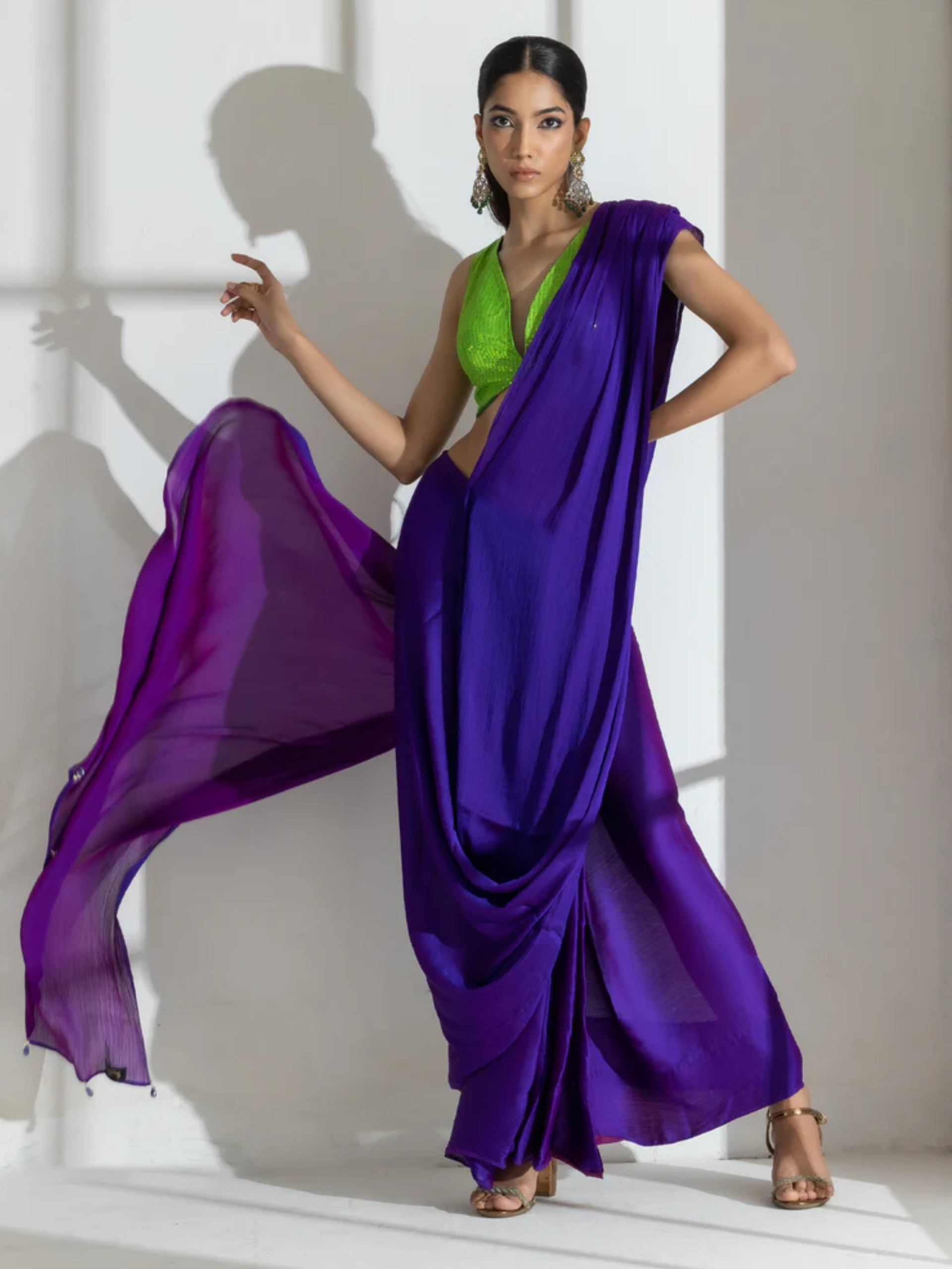 Purple and Plum Dual Shade Texture Chiffon Saree and Sequin Blouse Fabric