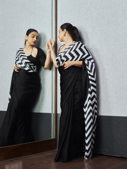 Born Pretty Chevron Triangle Satin Saree with Blouse fabric