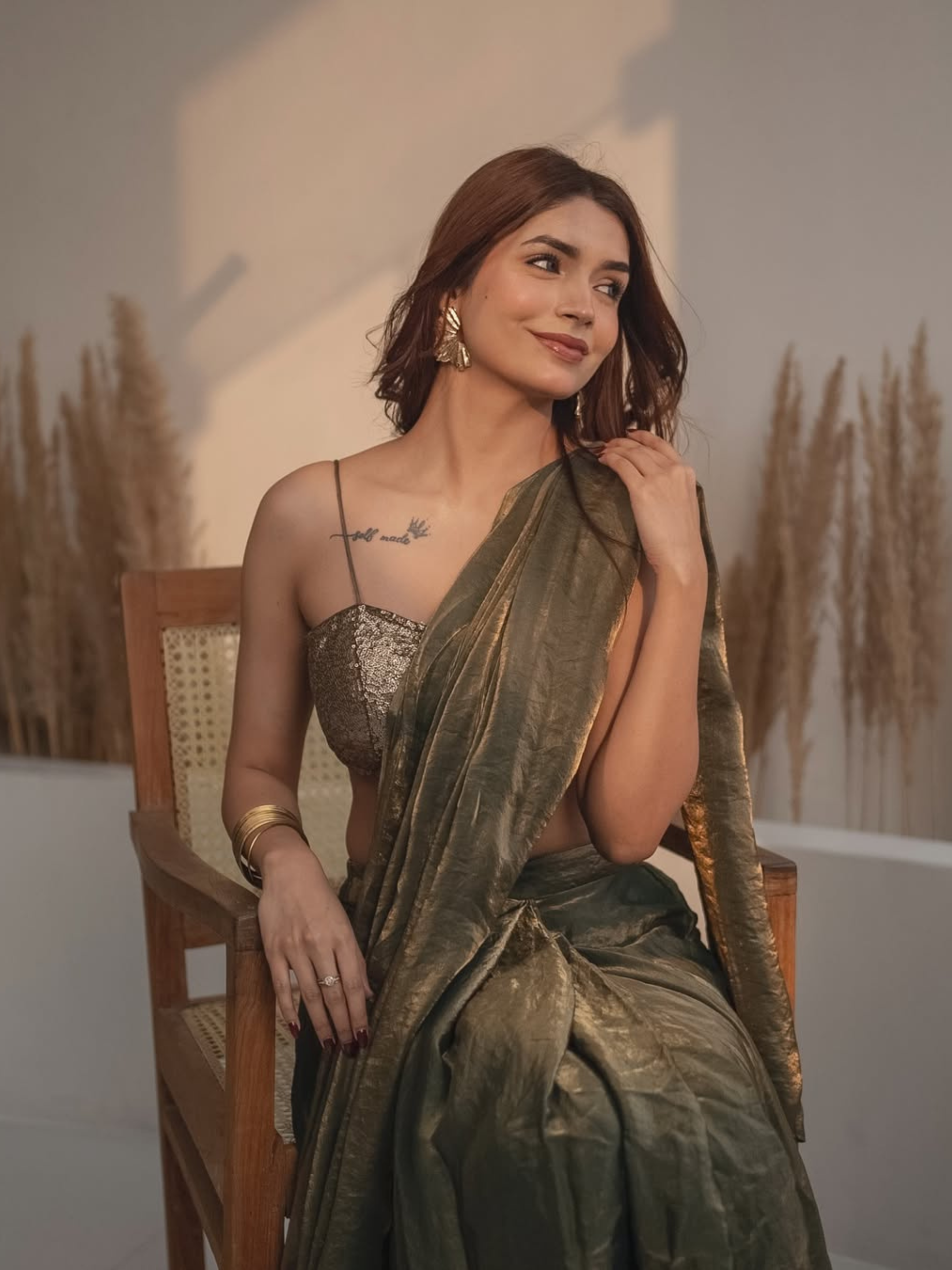 2 pc SET - Copper Green Metallic Satin Pocket Skirt Saree with Gold Corset Blouse