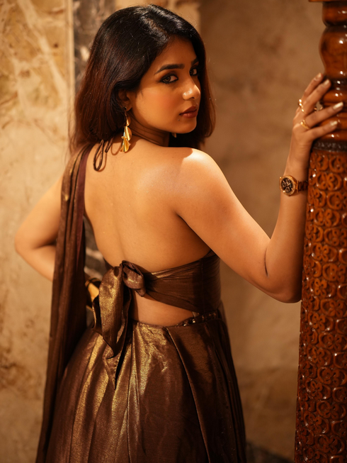 Dripping in Chocolate- Halter Dress Saree with Adjustable Waist in Chocolate Gold Chiffon