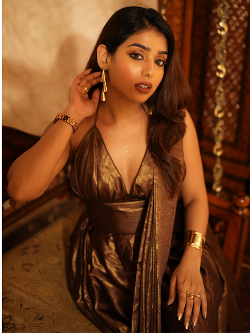 Dripping in Chocolate- Halter Dress Saree with Adjustable Waist in Chocolate Gold Chiffon