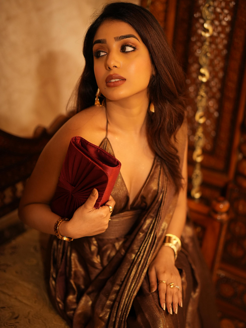 Dripping in Chocolate- Halter Dress Saree with Adjustable Waist in Chocolate Gold Chiffon