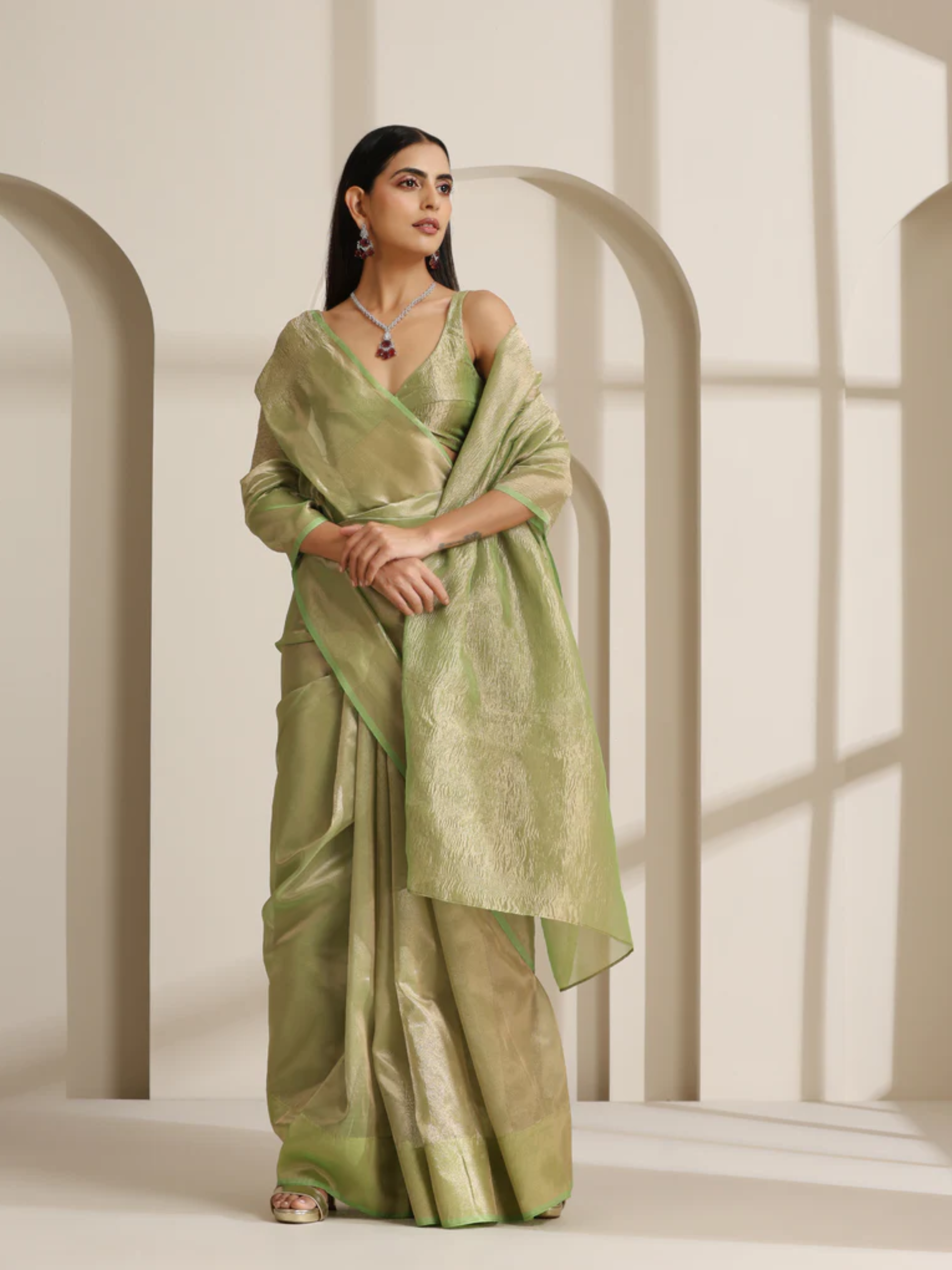 Lemon Green Banarasi Tissue Saree with Blouse Fabric