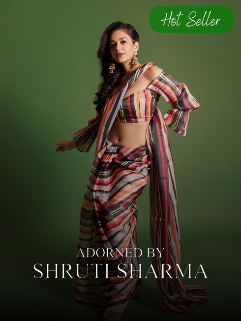 Metropolitan Chiffon Saree with Hanging Gold Lace and Self Blouse Fabric