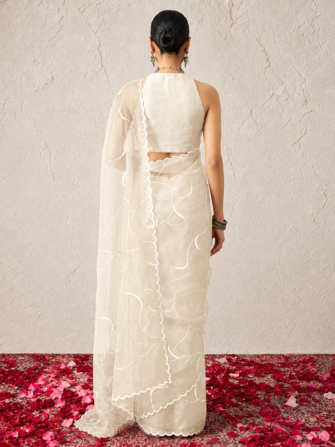 Cream Net Scalloped Hand Cut Dana Jaal Saree with Matching Beaded Blouse Fabric
