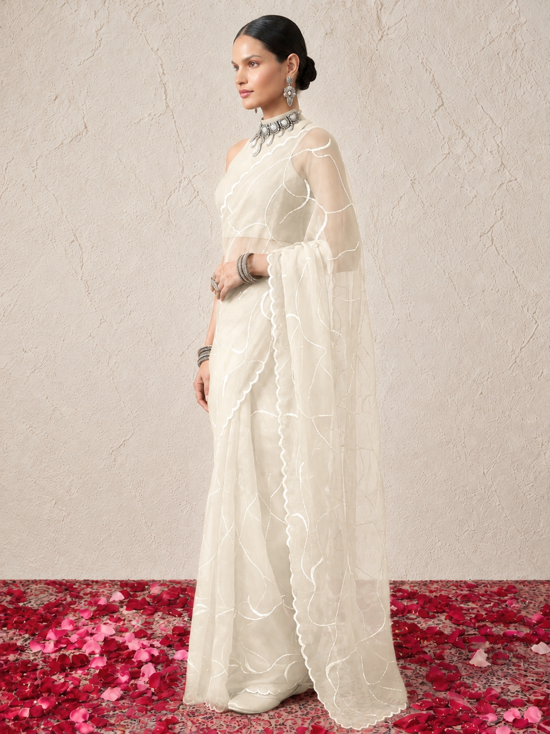 Cream Net Scalloped Hand Cut Dana Jaal Saree with Matching Beaded Blouse Fabric