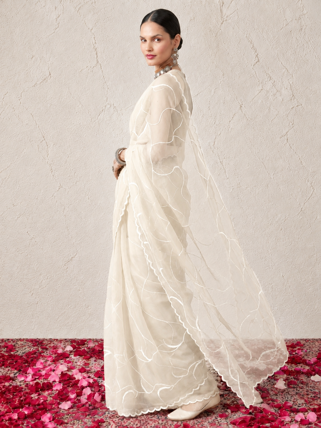 Cream Net Scalloped Hand Cut Dana Jaal Saree with Matching Beaded Blouse Fabric