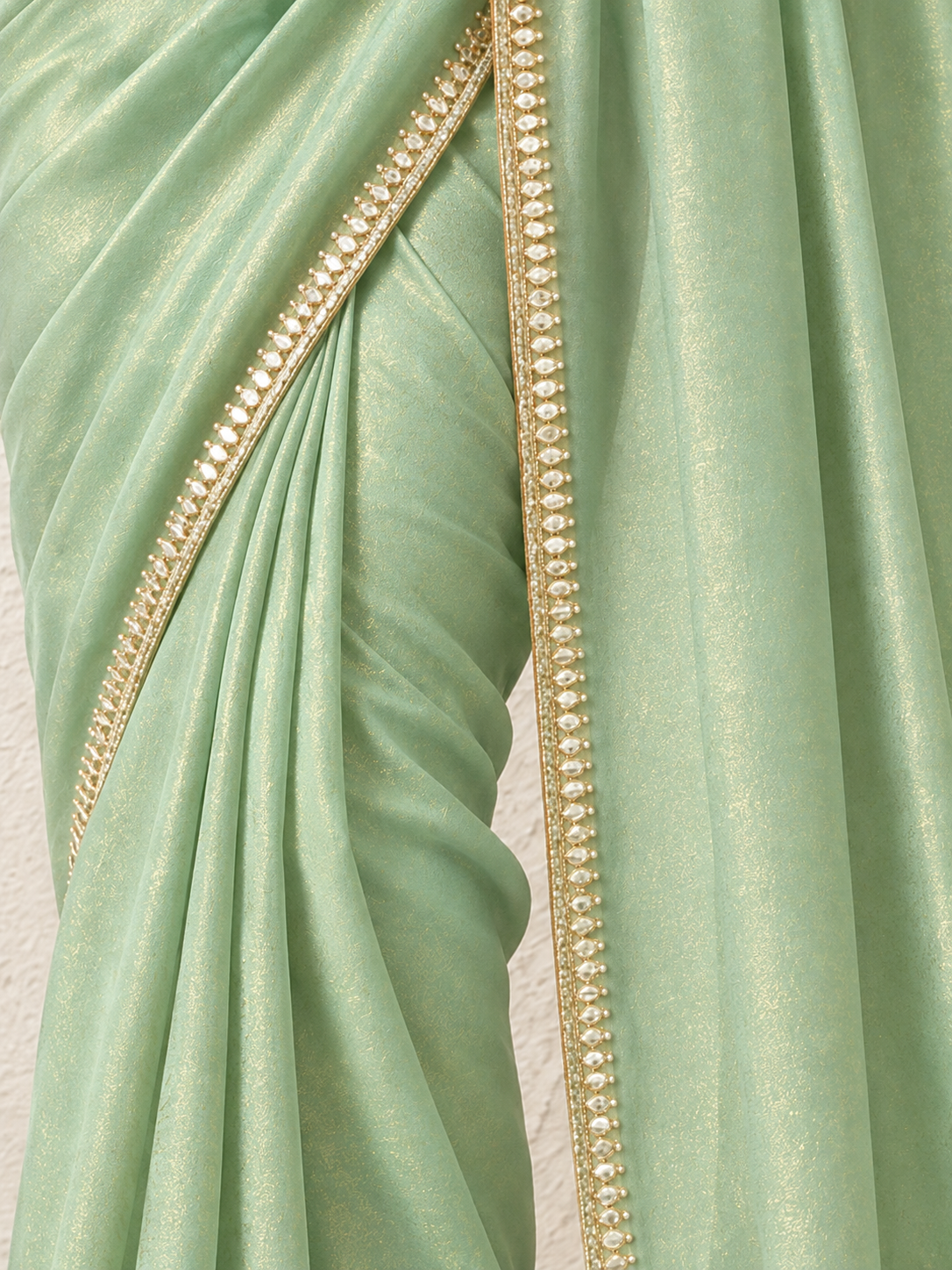 Mint Mirror Metallic Satin Hand Beaded Cut Dana Saree with Border and Beaded Matching Blouse Fabric