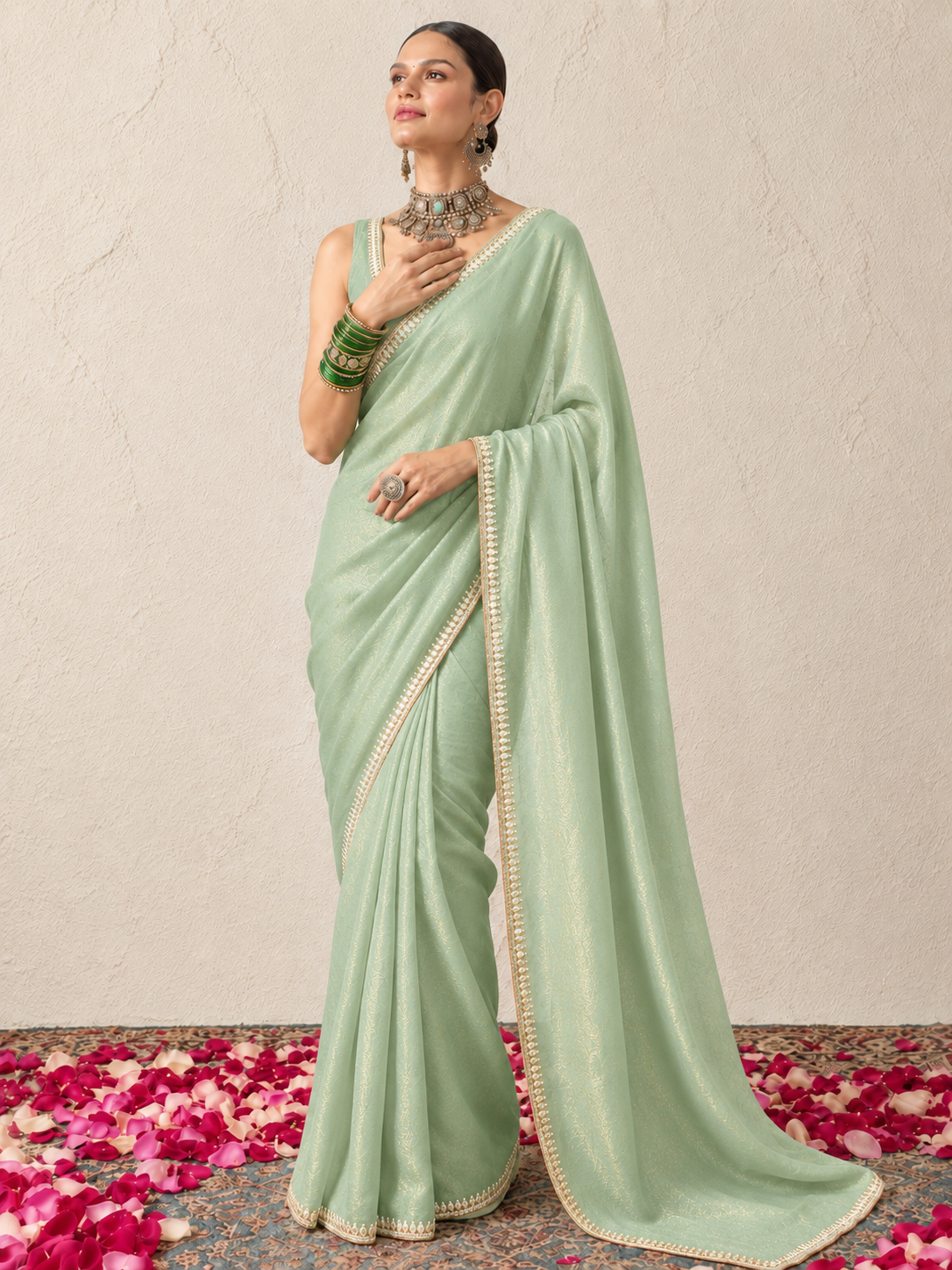 Mint Mirror Metallic Satin Hand Beaded Cut Dana Saree with Border and Beaded Matching Blouse Fabric