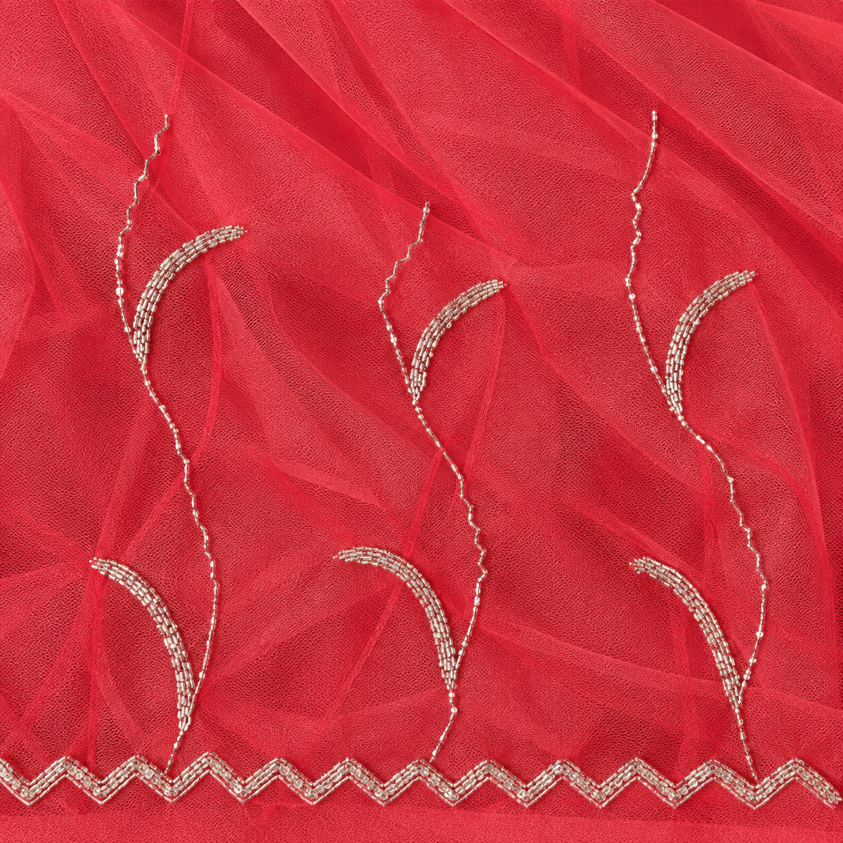 Red Net Scalloped Mirchi Design Hand Beaded Saree with Matching Net Blouse Fabric