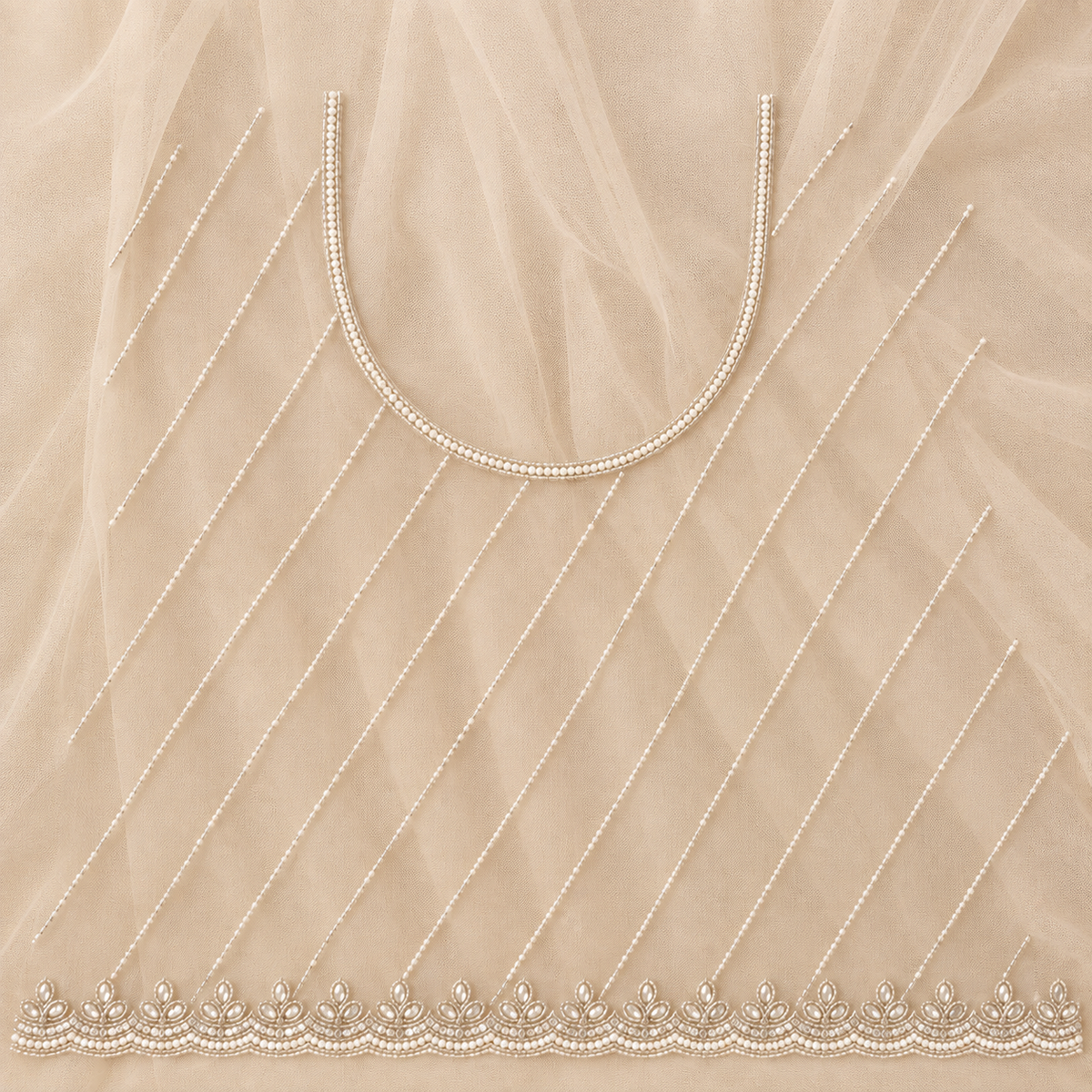 Beige Net Scalloped Hand Beaded Cut Dana Saree with Matching Beaded Blouse Fabric