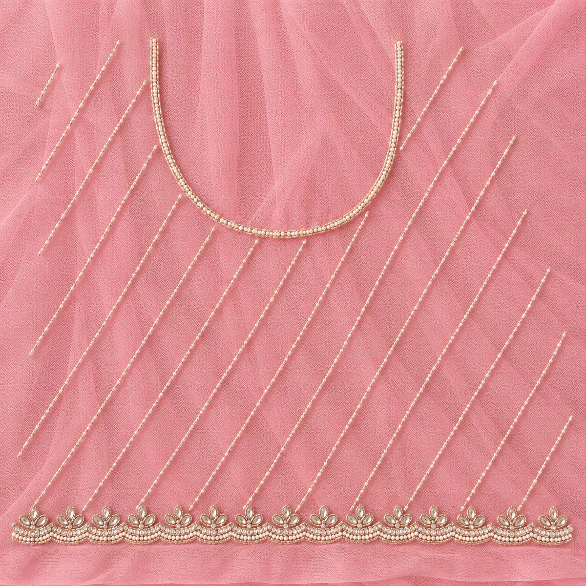 Baby Pink Net Scalloped Hand Beaded Cut Dana Saree with Matching Beaded Blouse Fabric