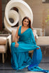 Blue Green Dual Shade Chiffon Saree with Self Blouse Fabric
