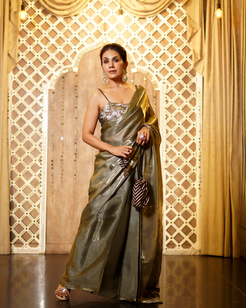 Pre-Draped 1-Minute Liquid Gold Organza Saree with Big Diamonds and Blouse Fabric