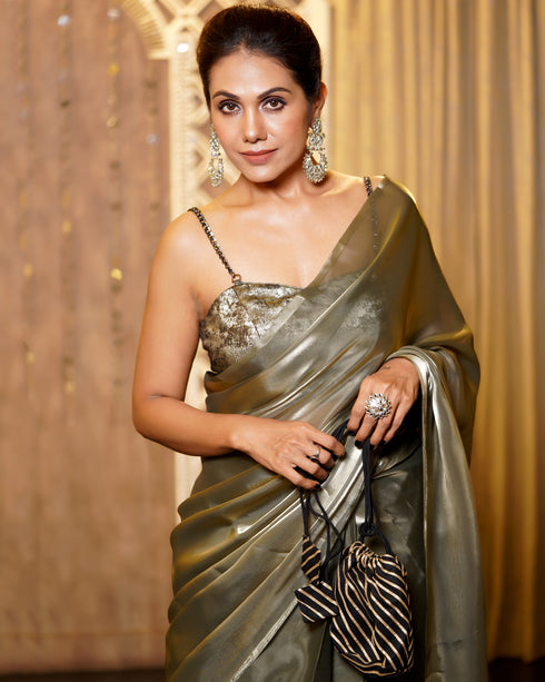 Pre-Draped 1-Minute Liquid Gold Organza Saree with Big Diamonds and Blouse Fabric