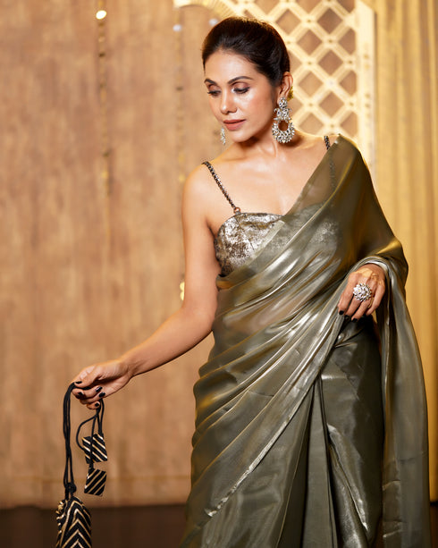 Pre-Draped 1-Minute Liquid Gold Organza Saree with Big Diamonds and Blouse Fabric