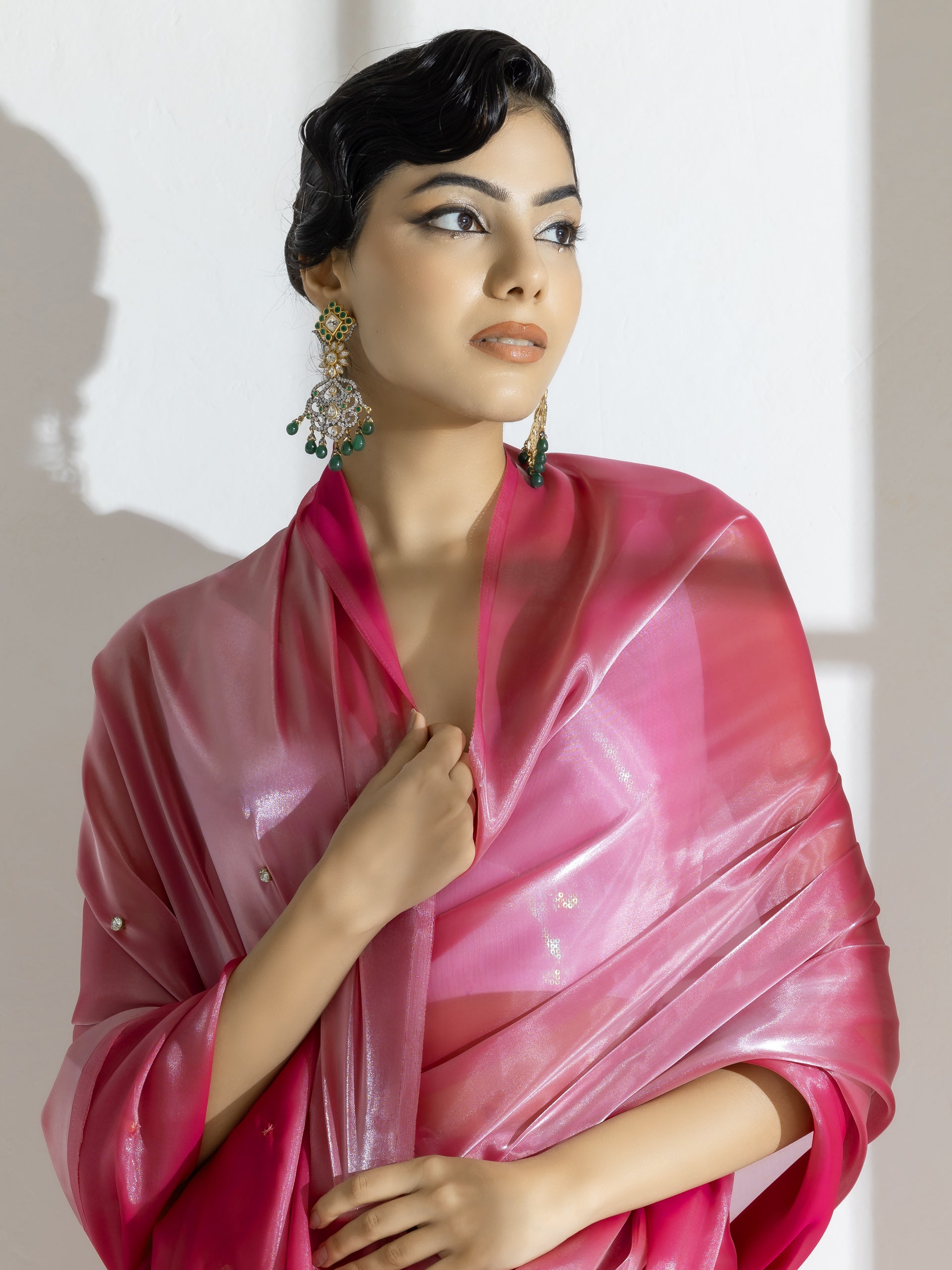 Pink Lotus Satin Organza Saree with Diamond Beads on Pallu