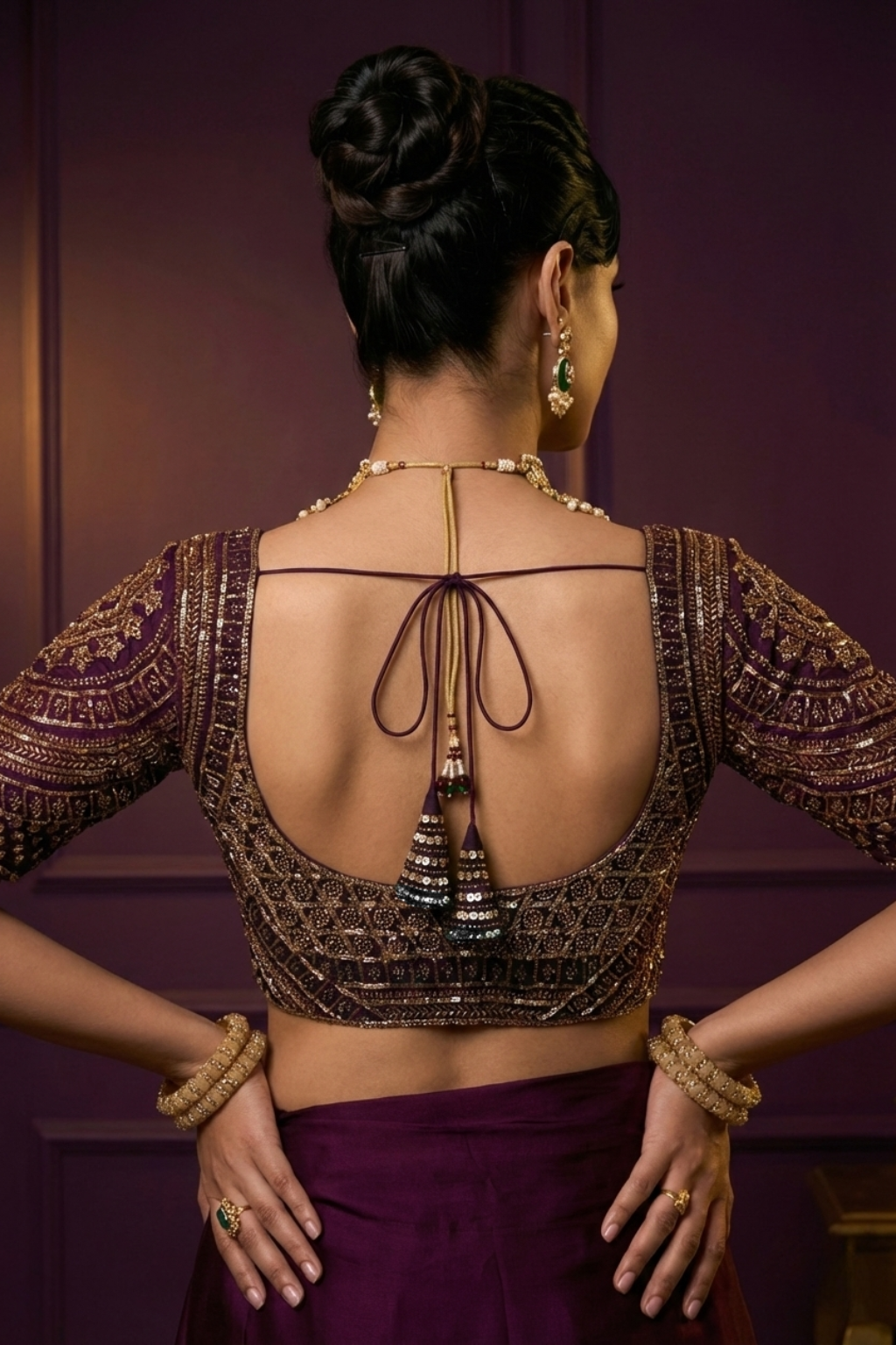 Purple Hand Embroidered Cut Dana Sabya Blouse – Free-Size Adjustable 32–40 inches | Couture Designer Blouse