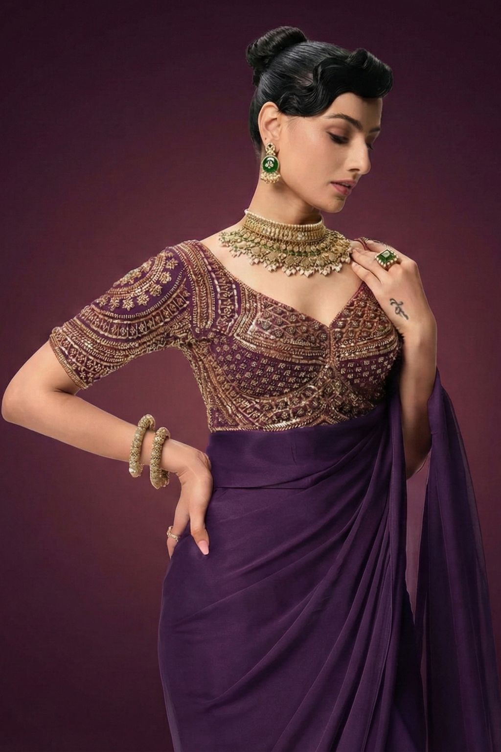 Purple Hand Embroidered Cut Dana Sabya Blouse – Free-Size Adjustable 32–40 inches | Couture Designer Blouse