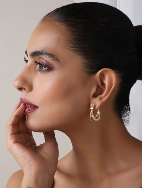 Gold Color American Diamond 2 Line Earring