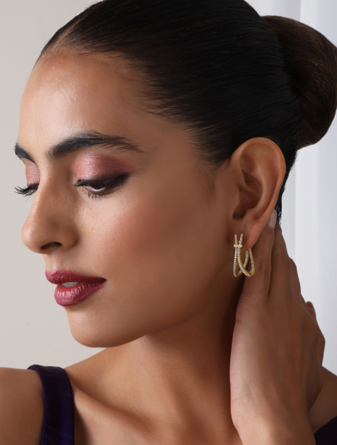 Gold Color American Diamond 2 Line Earring